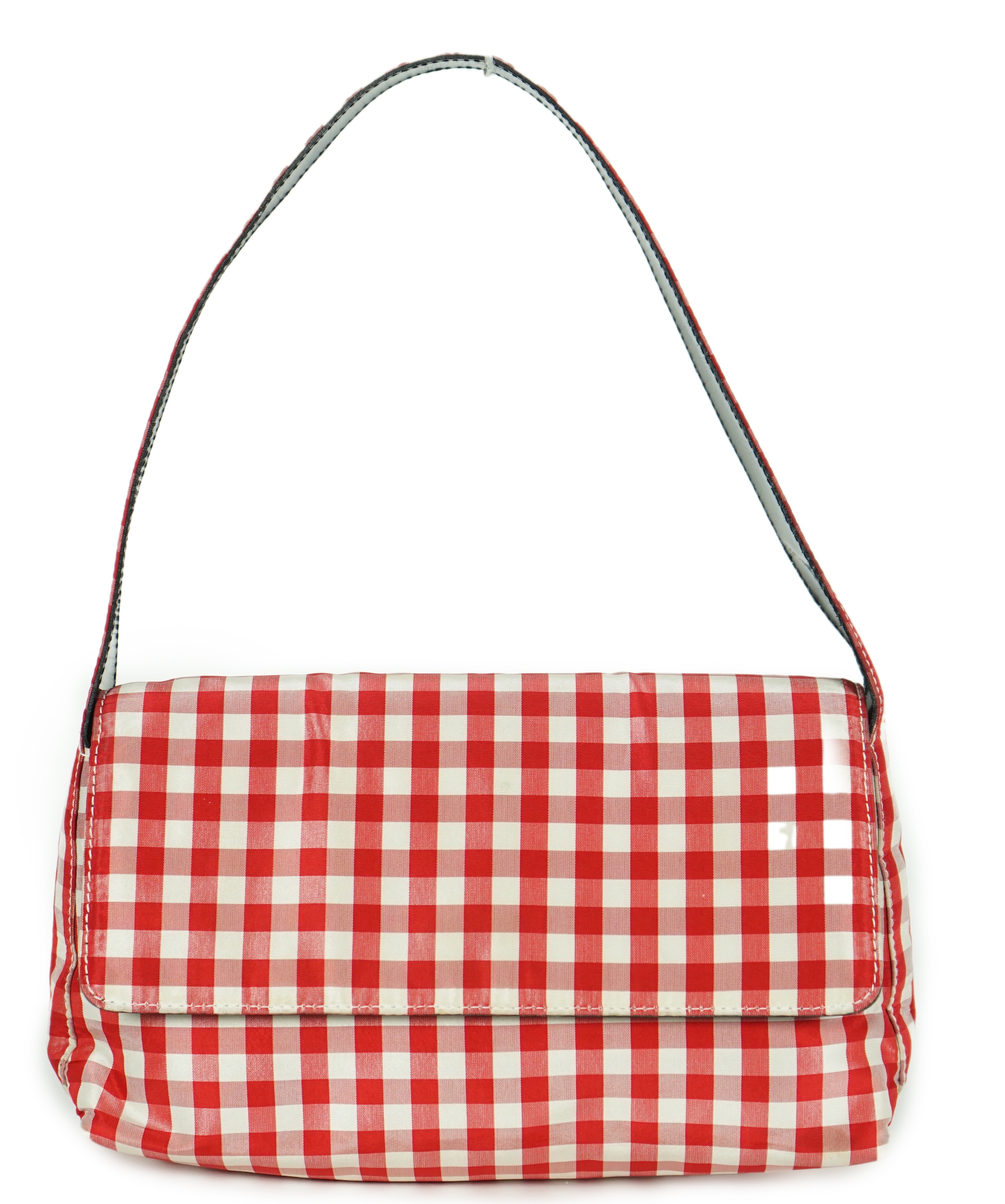 A Ralph Lauren red and white gingham satin evening bag, width 22cm, height 14cm, overall height 30cm, depth 5cm